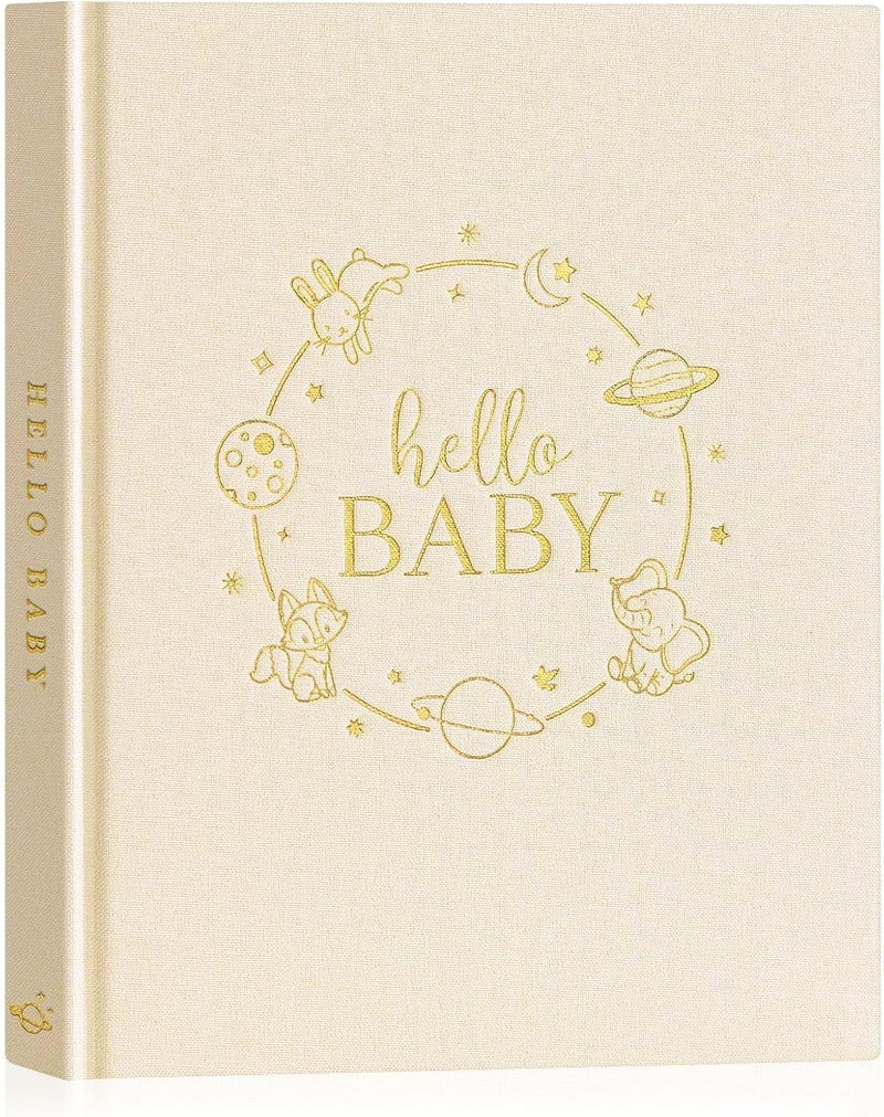 Lanpn Hello Baby Memory Book for Boy Girl - Linen Hardcover Baby Book Keepsake for New Parents - Newborn Baby First 5 Year Journal Scrapbook Photo Album Baby Milestone Book (Beige, 154 Pages) - Image 1